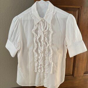 Classic White Women's Button-Down Shirt with Ruffle Front Detail